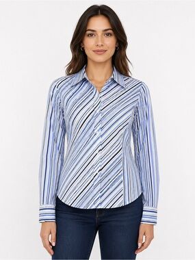 Façonnable Y2K Women’s M Blue White Striped Cotton Button Front Shirt Hong Kong